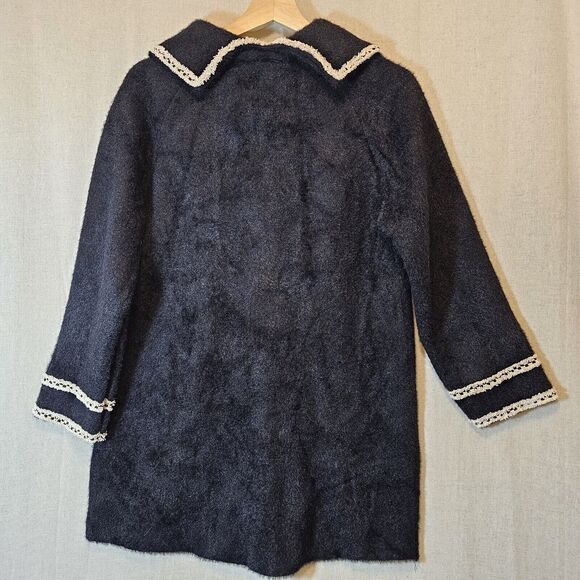 Black Knit Jacket With Contrast Ivory Trim Mixed Buttons Soft Fuzzy Small - Picture 6 of 8
